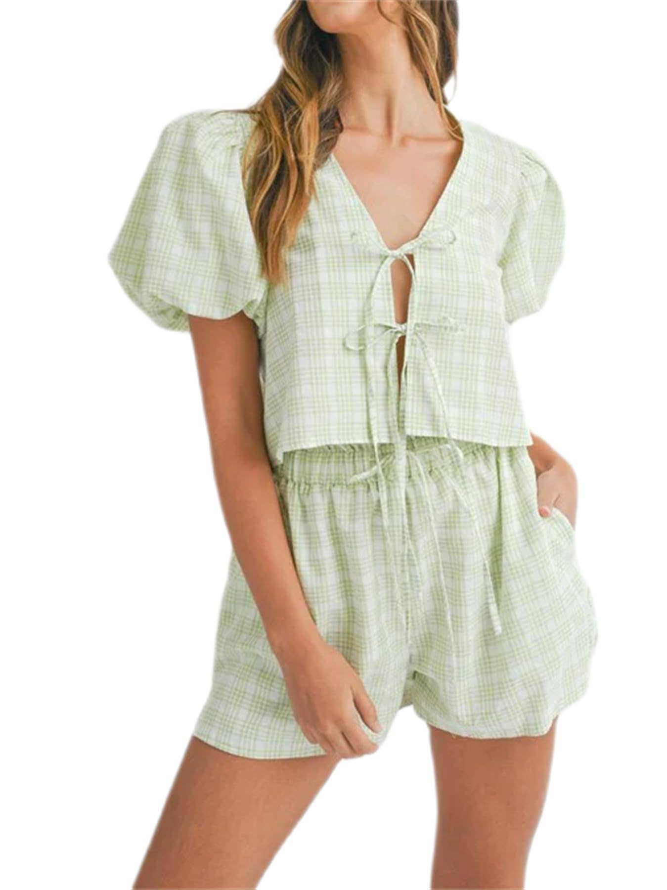 Plaid Puff Sleeve Set