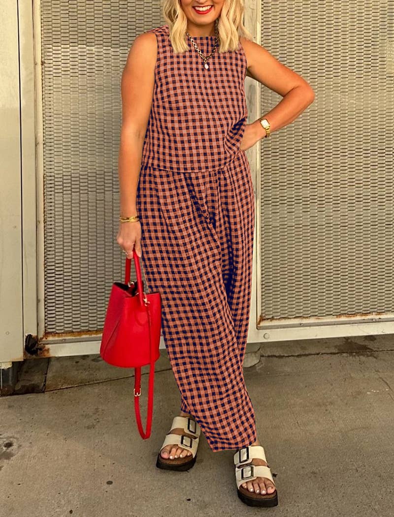 Sleeveless Gingham Top and Wide-Leg Pants Set