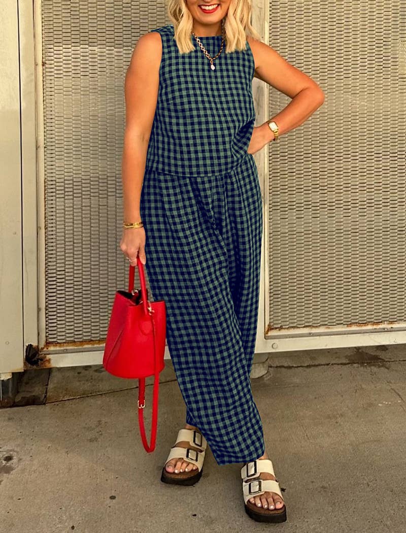 Sleeveless Gingham Top and Wide-Leg Pants Set