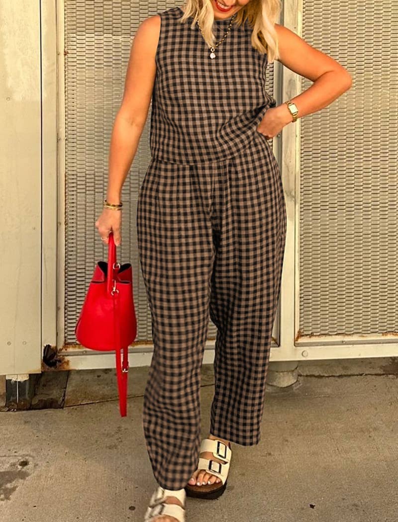 Sleeveless Gingham Top and Wide-Leg Pants Set