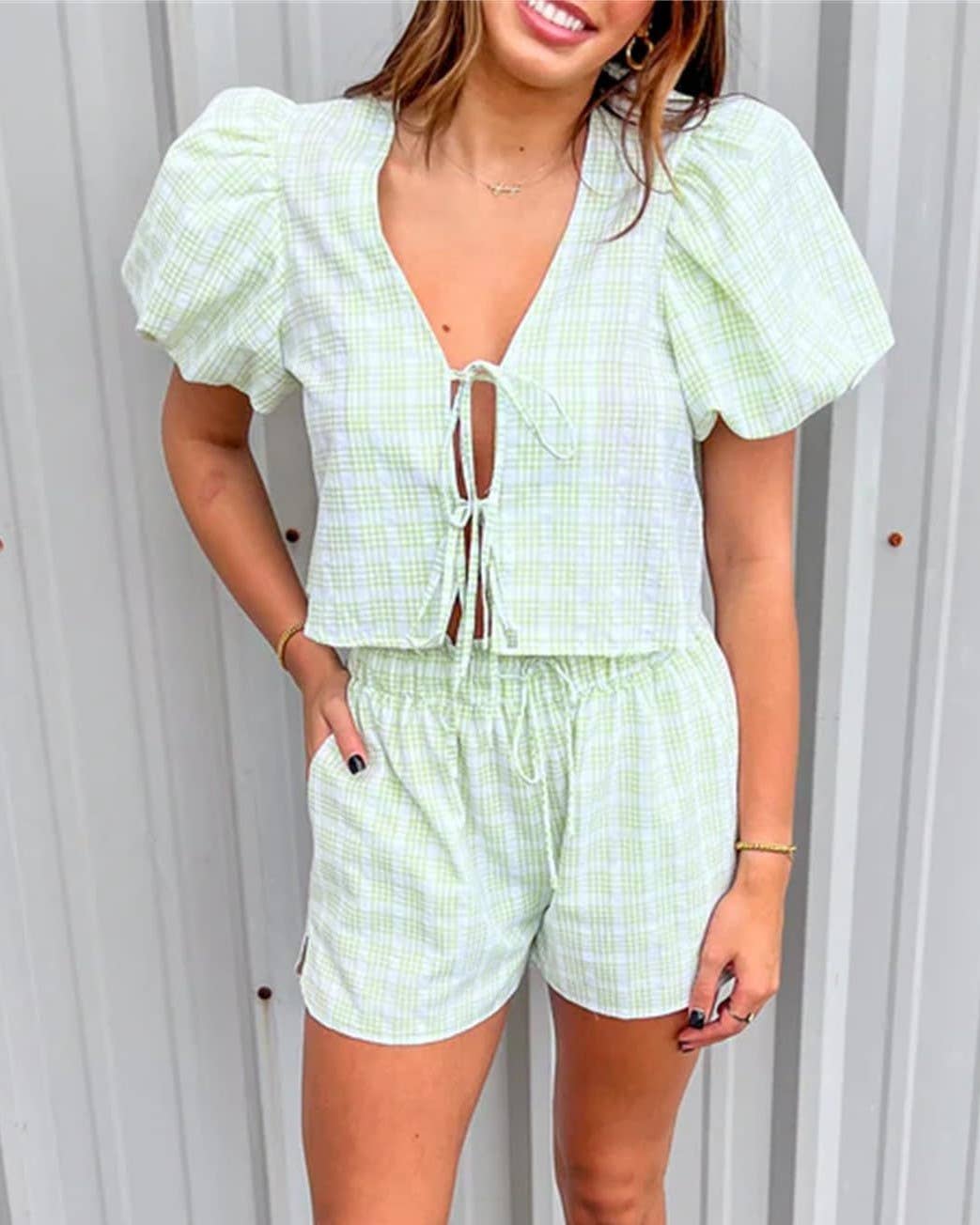 Plaid Puff Sleeve Set
