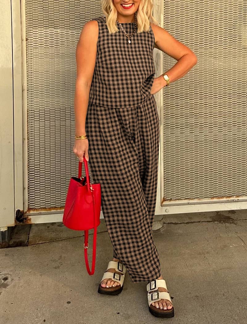 Sleeveless Gingham Top and Wide-Leg Pants Set