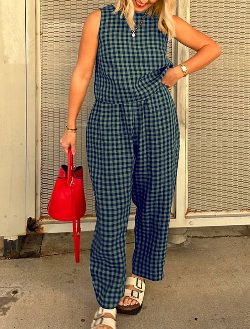 Sleeveless Gingham Top and Wide-Leg Pants Set