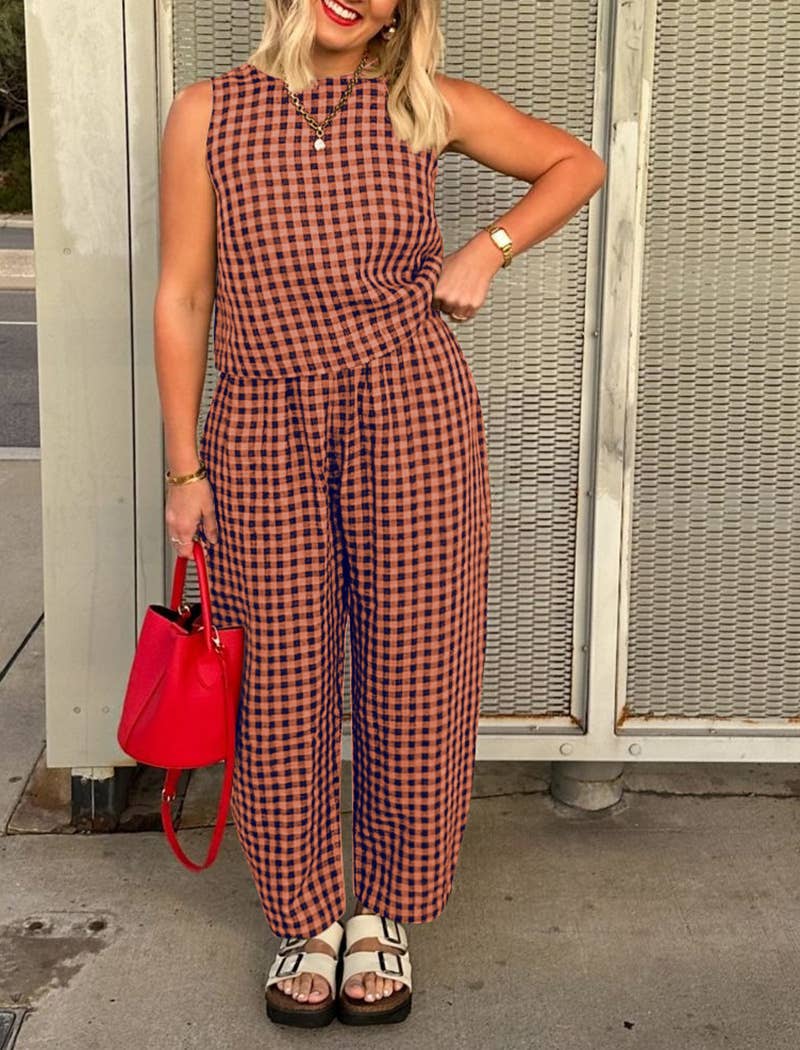 Sleeveless Gingham Top and Wide-Leg Pants Set