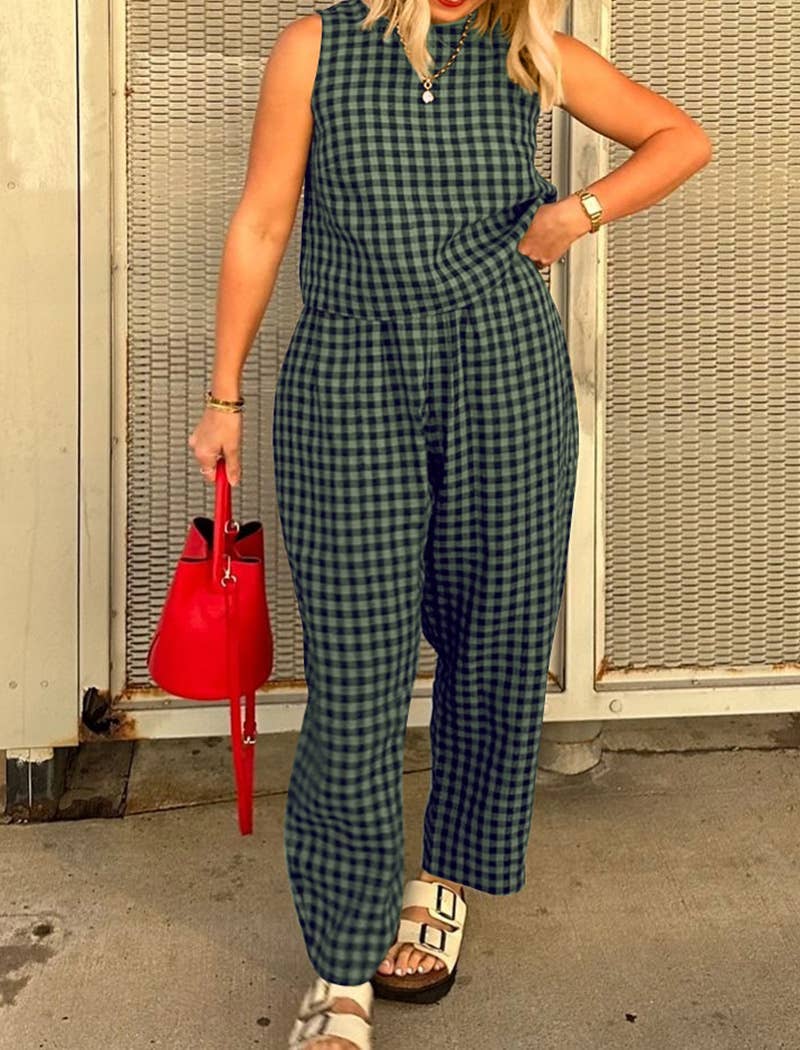 Sleeveless Gingham Top and Wide-Leg Pants Set
