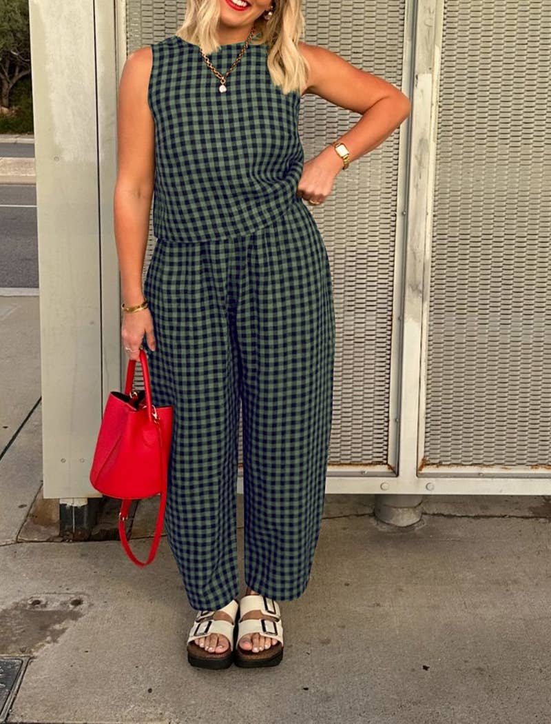 Sleeveless Gingham Top and Wide-Leg Pants Set