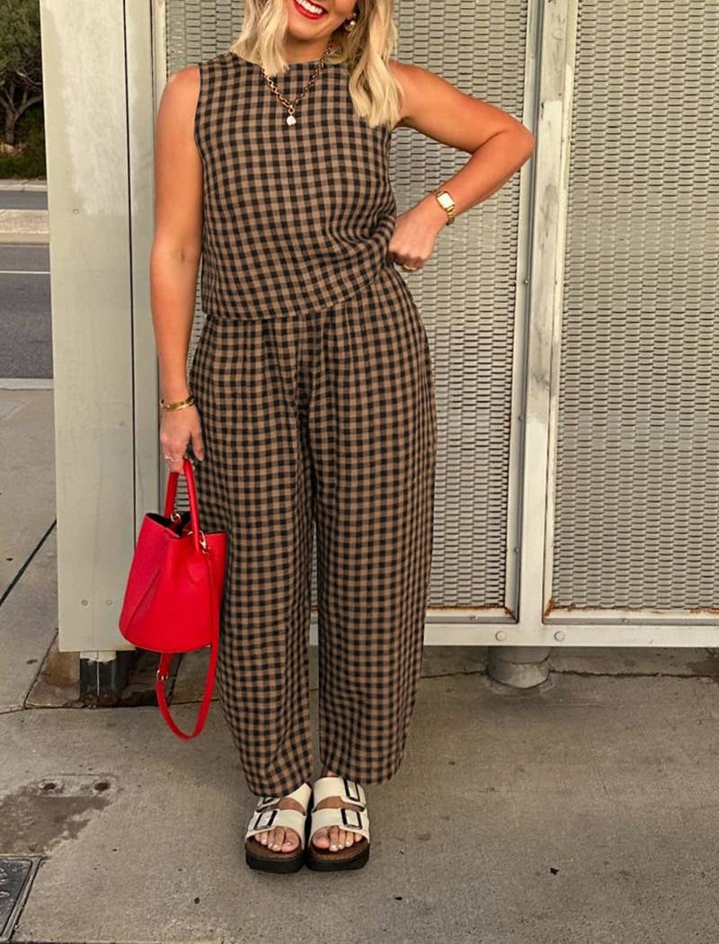 Sleeveless Gingham Top and Wide-Leg Pants Set