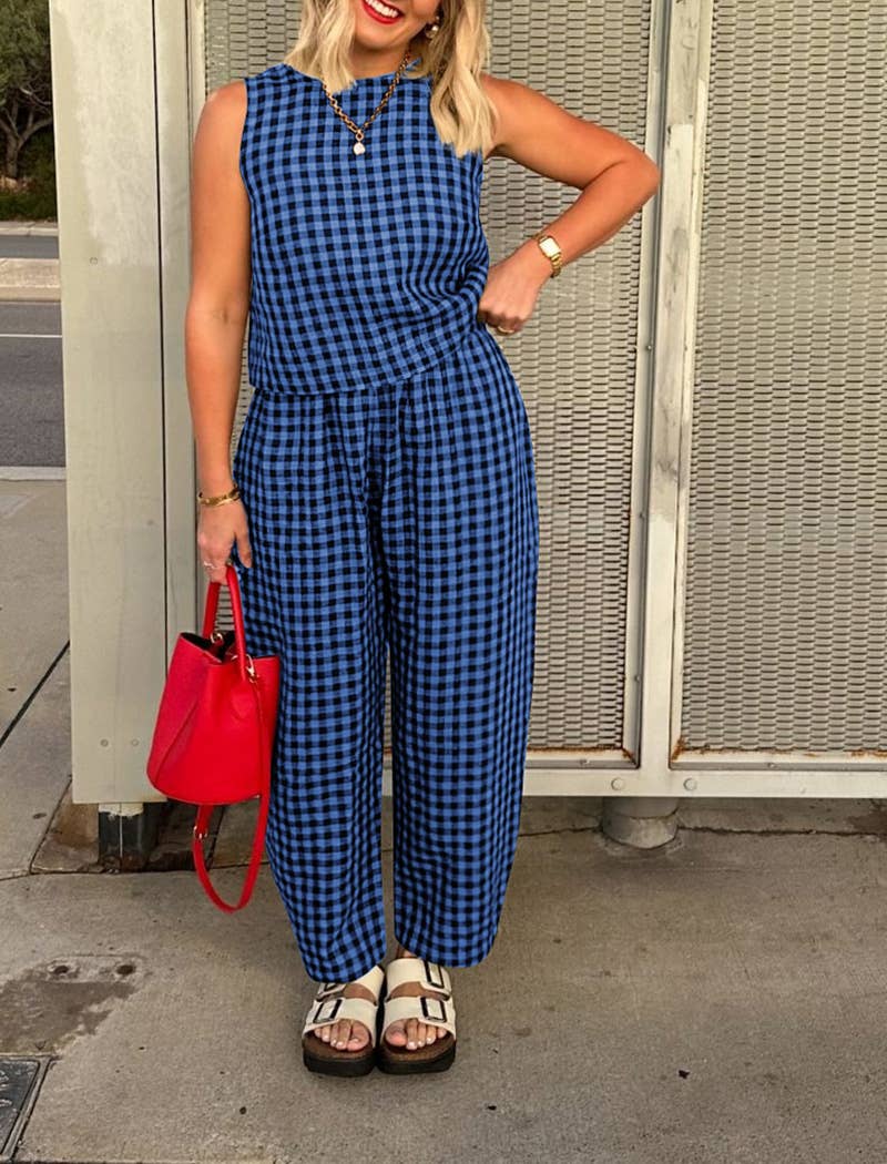 Sleeveless Gingham Top and Wide-Leg Pants Set