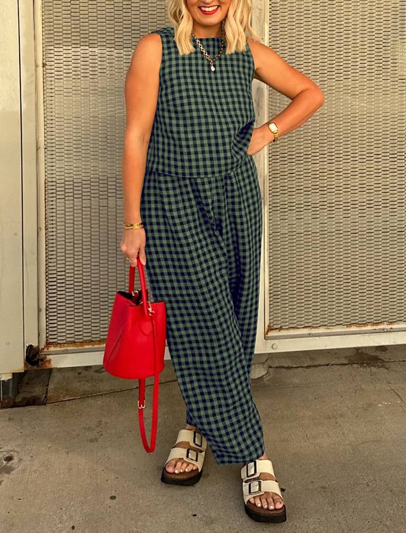 Sleeveless Gingham Top and Wide-Leg Pants Set