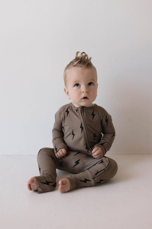 Bamboo Zip Pjs | Brown & Black Lightning Bolt